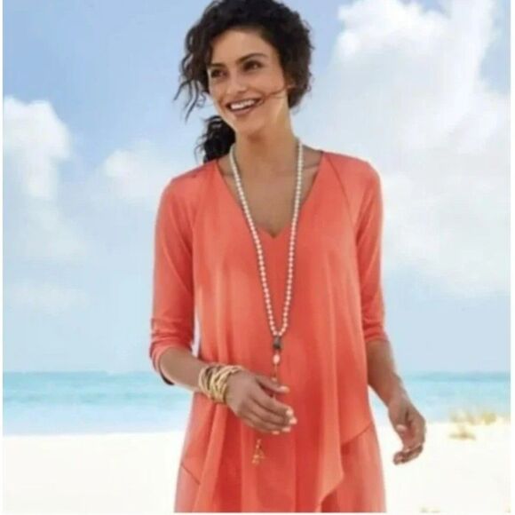 Soft Surroundings Asymmetric Coral Andalou Midi Dress Petite PM Chiffon Front - Picture 2 of 14